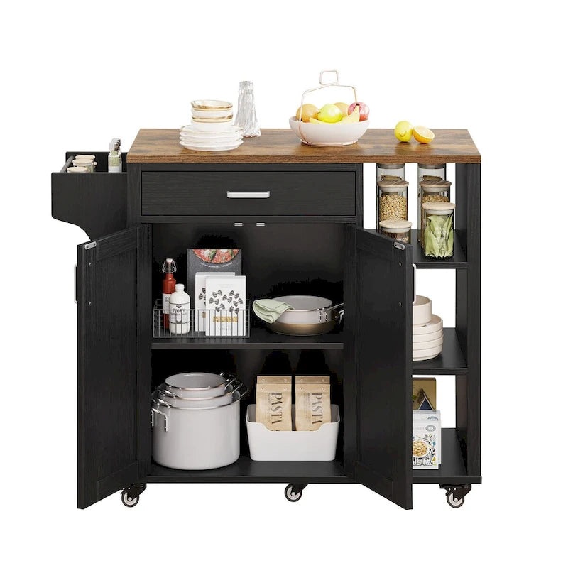 Rolling Kitchen Island on Wheels with Drawer Open Shelves and Doors