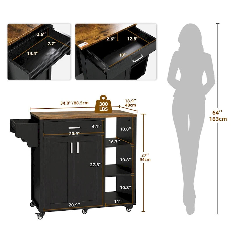 Rolling Kitchen Island on Wheels with Drawer Open Shelves and Doors